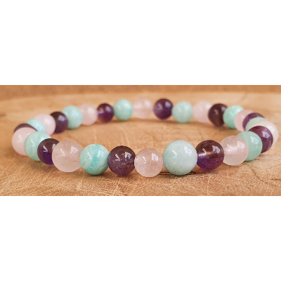 bracelet amazonite, quartz rose et améthyste 6mm