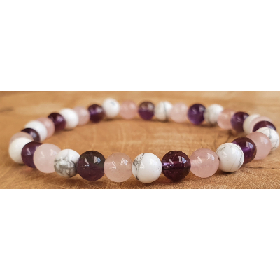 bracelet améthyste, howlite et quartz rose 6mm